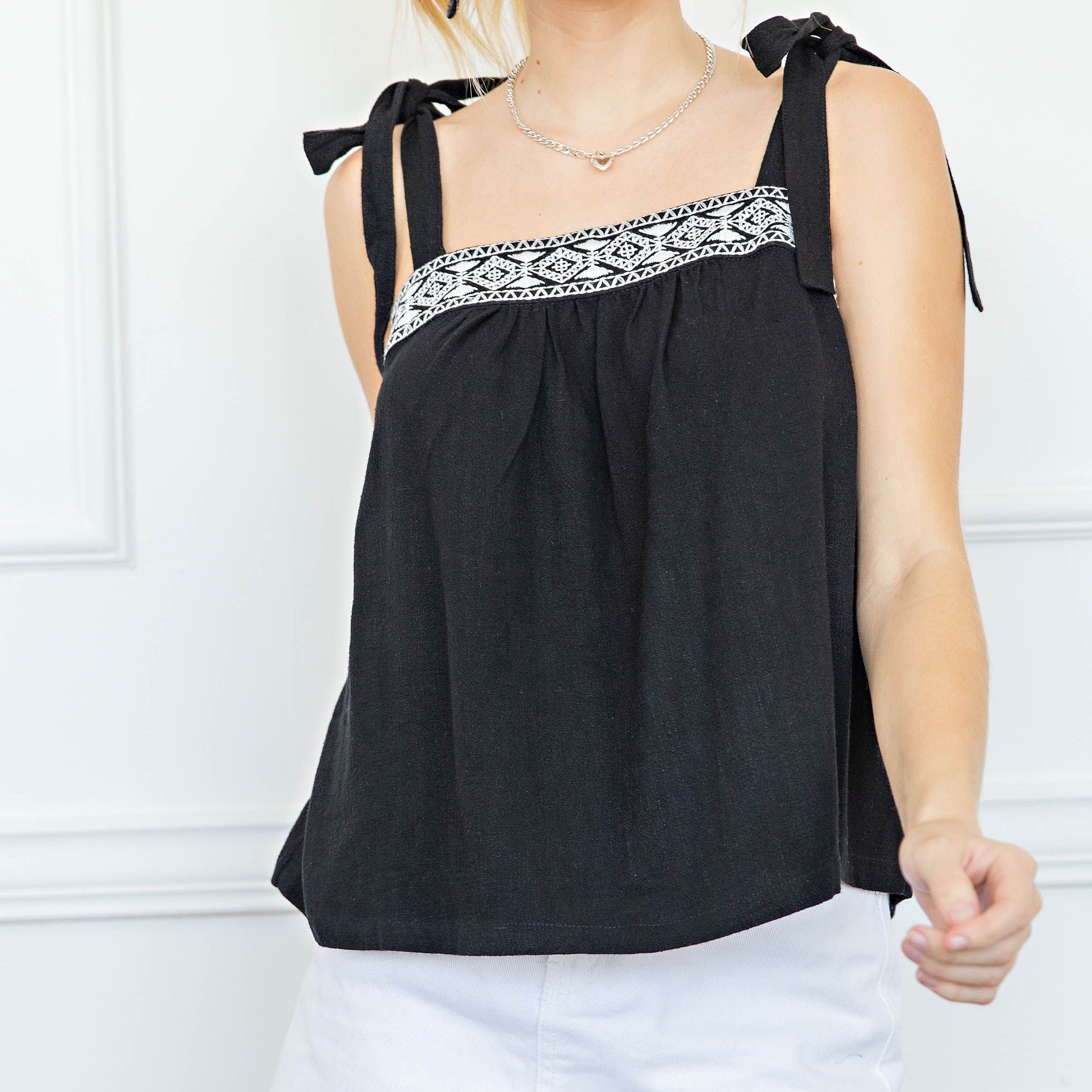 Embroidered Tank Top with Tie Straps
