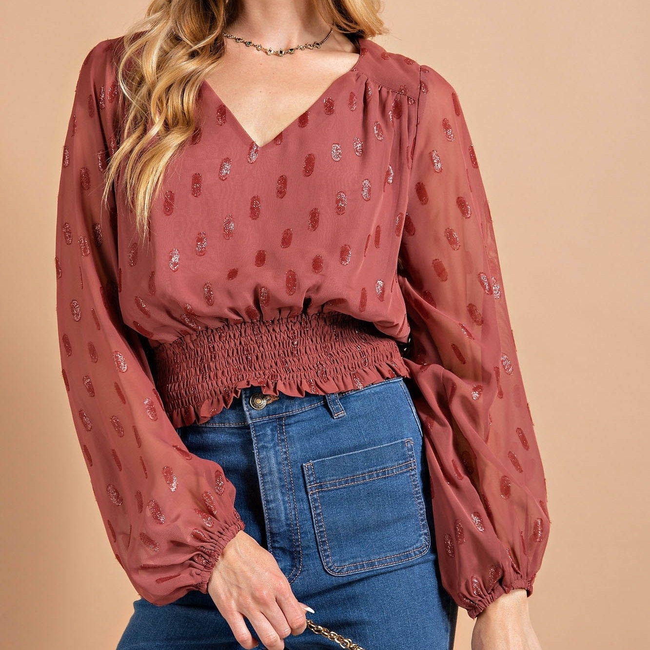 Metallic Polka Dot Chiffon Blouse in Mauve