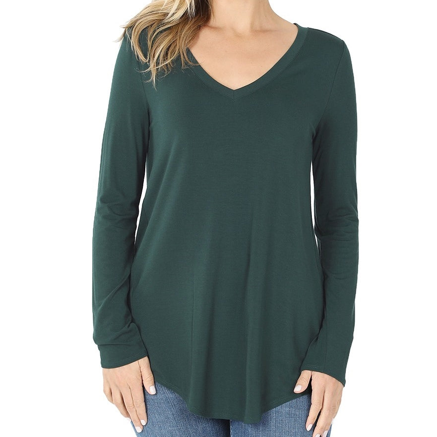 Beautiful Basic Rayon V-Neck Top in Hunter Green