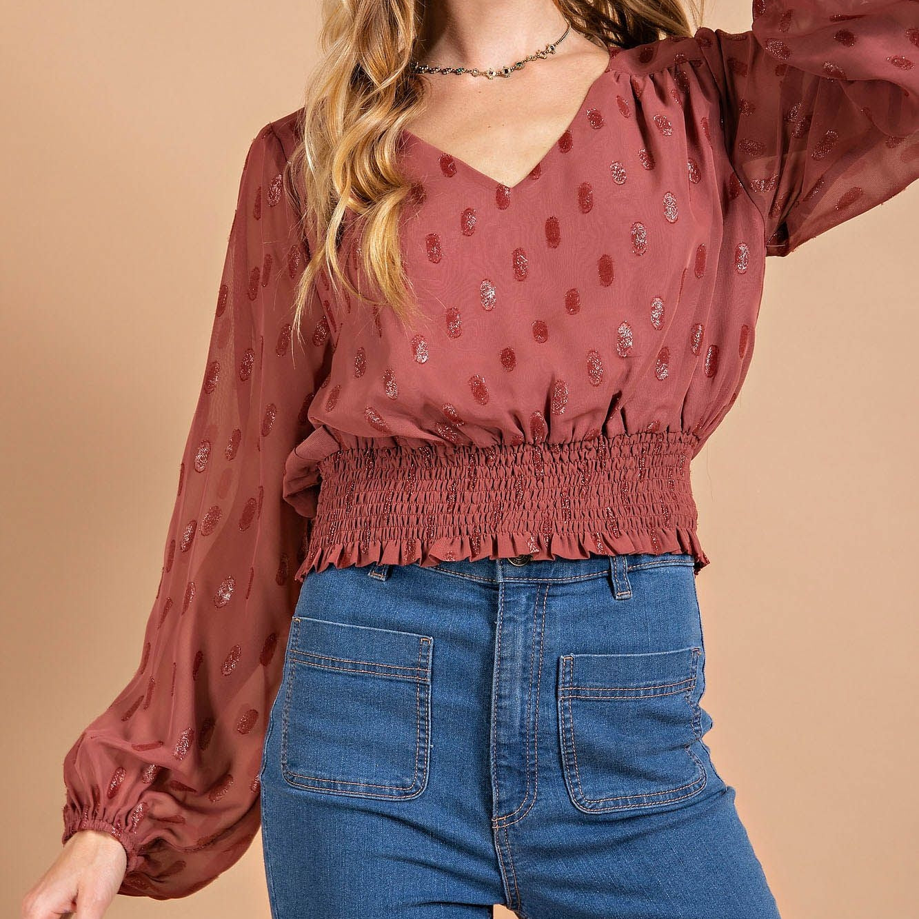 Metallic Polka Dot Chiffon Blouse in Mauve
