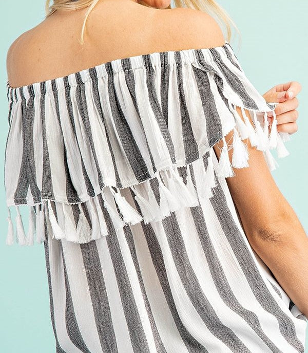 Here Comes Summer Off Shoulder Striped Top in Gray