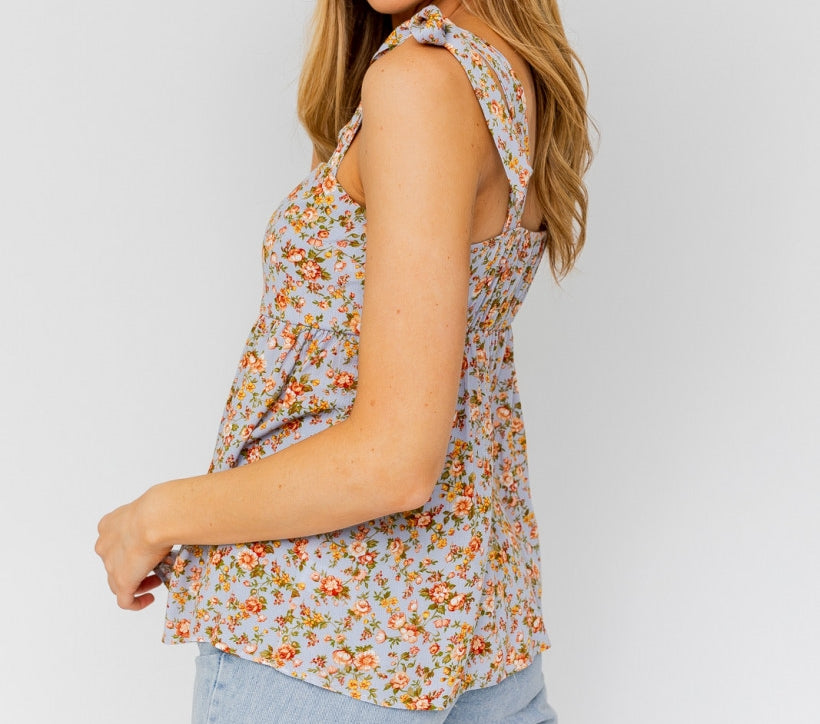 Tie Sleeve Floral Top - Vintage Floral Square Neck Top