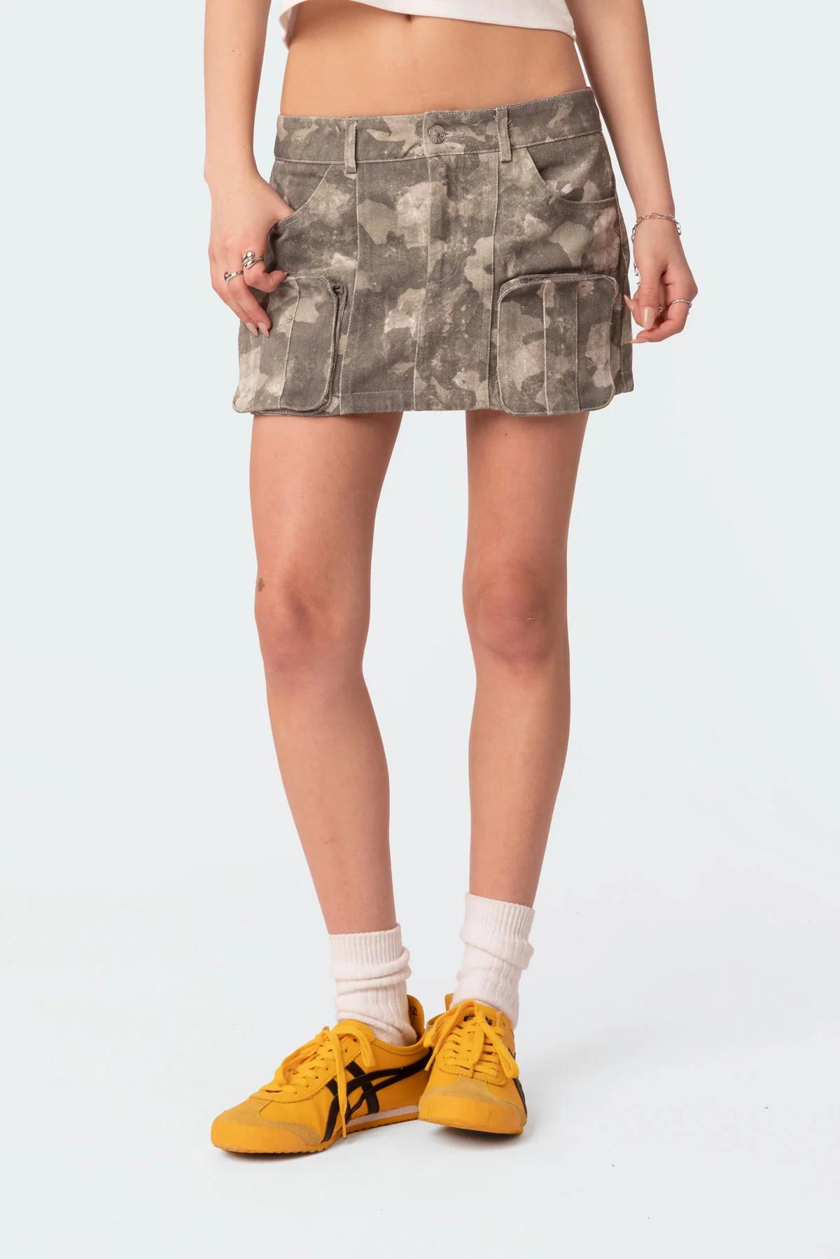 Camo Low Rise Denim Cargo Mini Skirt