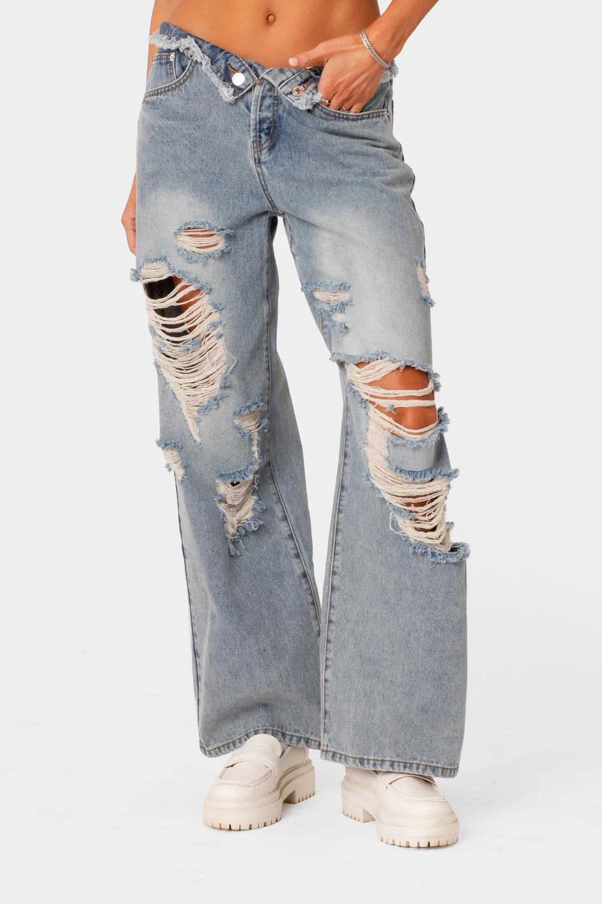Distressed Fold Over Boyfriend Jeans