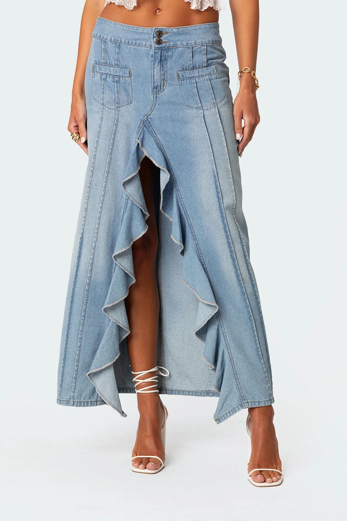 Valencia Ruffle Slitted Denim Maxi Skirt