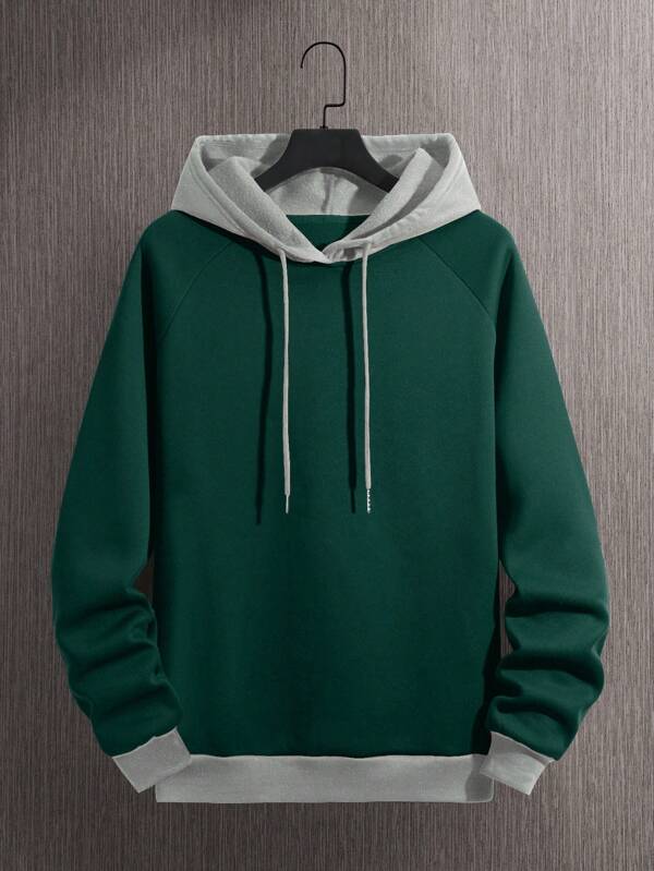 Men Colorblock Raglan Sleeve Drawstring Thermal Lined Hoodie