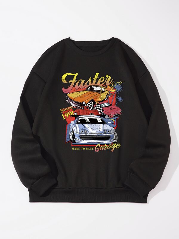 Men Car & Letter Graphic Thermal Pullover