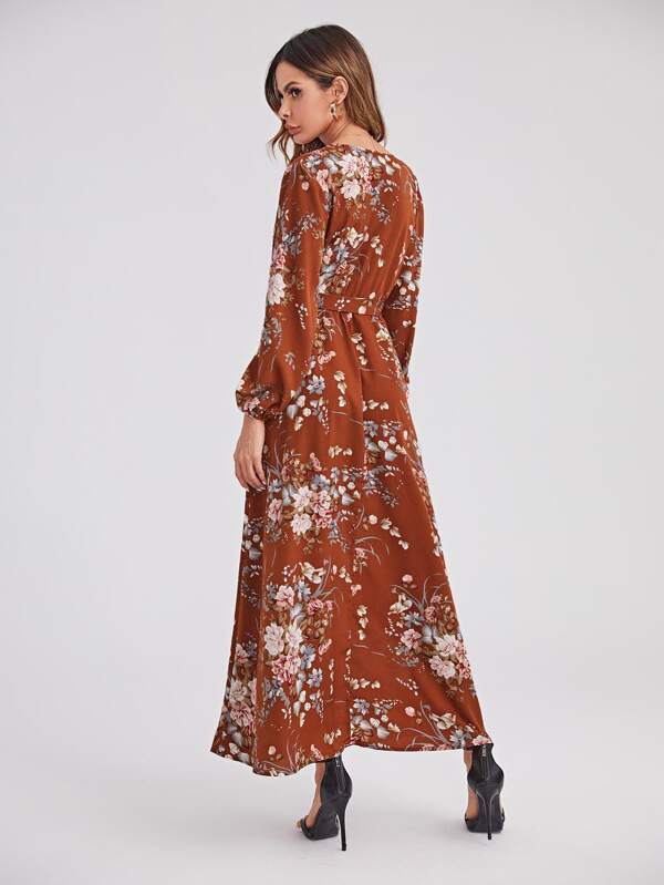 Clasi Surplice Neck Self Belted Botanical Print Dress