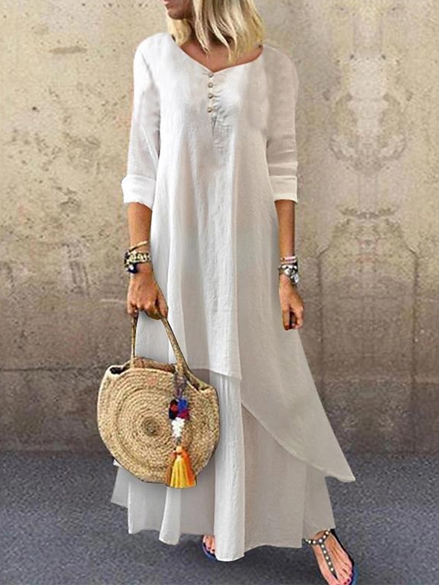 Women's Cotton Linen Dress Casual Dress Swing Dress Maxi long Dress Cotton Blend Basic Casual Outdoor Daily V Neck Ruched Layered Half Sleeve Summer Spring Fall 2023 Loose Fit White Plain S M L XL 2XL
