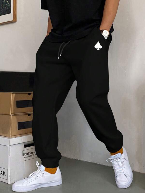 Men Playing Card Print Drawstring Waist Sweatpants
