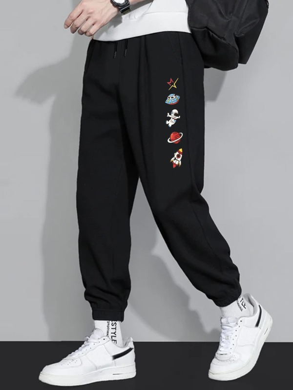 Men Rocket & Spaceman Print Drawstring Sweatpants