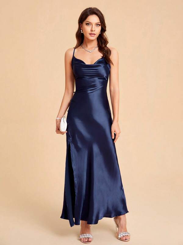 Belle Split Thigh Crisscross Backless Cowl Neck Cami Dress