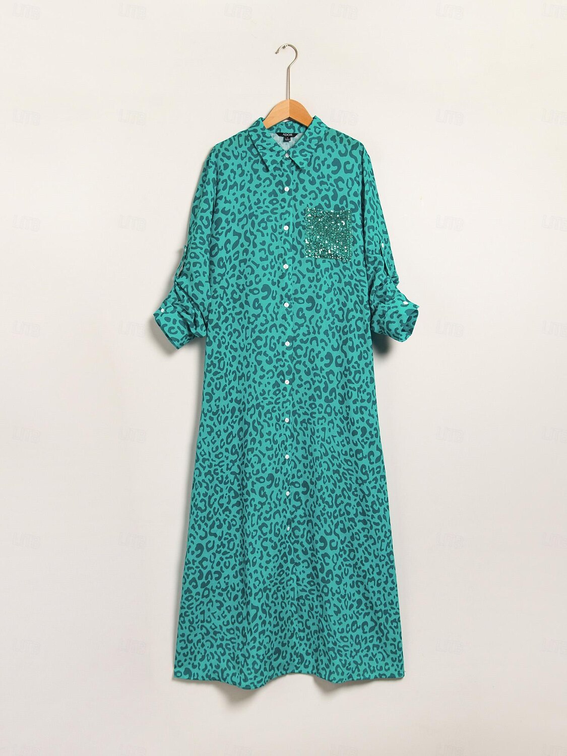 Sequin Leopard Print Maxi Shirt Dress