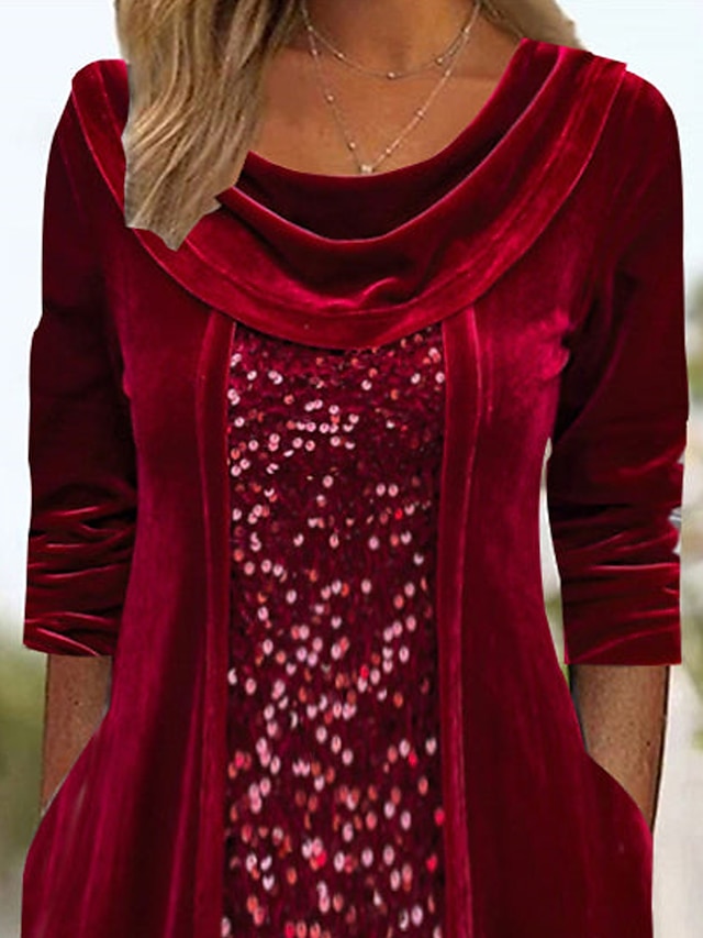 Women's Sequin Dress Velvet Dress Party Dress Sparkly Dress Christmas Midi Dress Wine Long Sleeve Sparkly Glitter Spring Fall Winter Crew Neck Fashion Winter Dress Wedding Guest