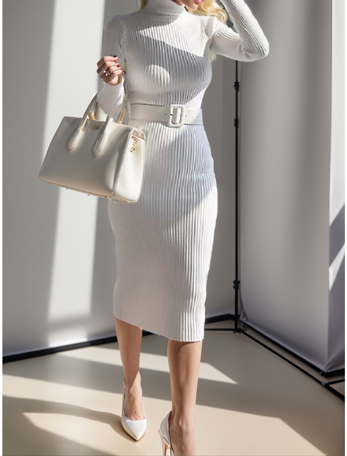 Women's Sweater Dress Jumper Dress Casual Dress Midi Dress Fashion Plain Outdoor Daily Going out Turtleneck Long Sleeve Belted