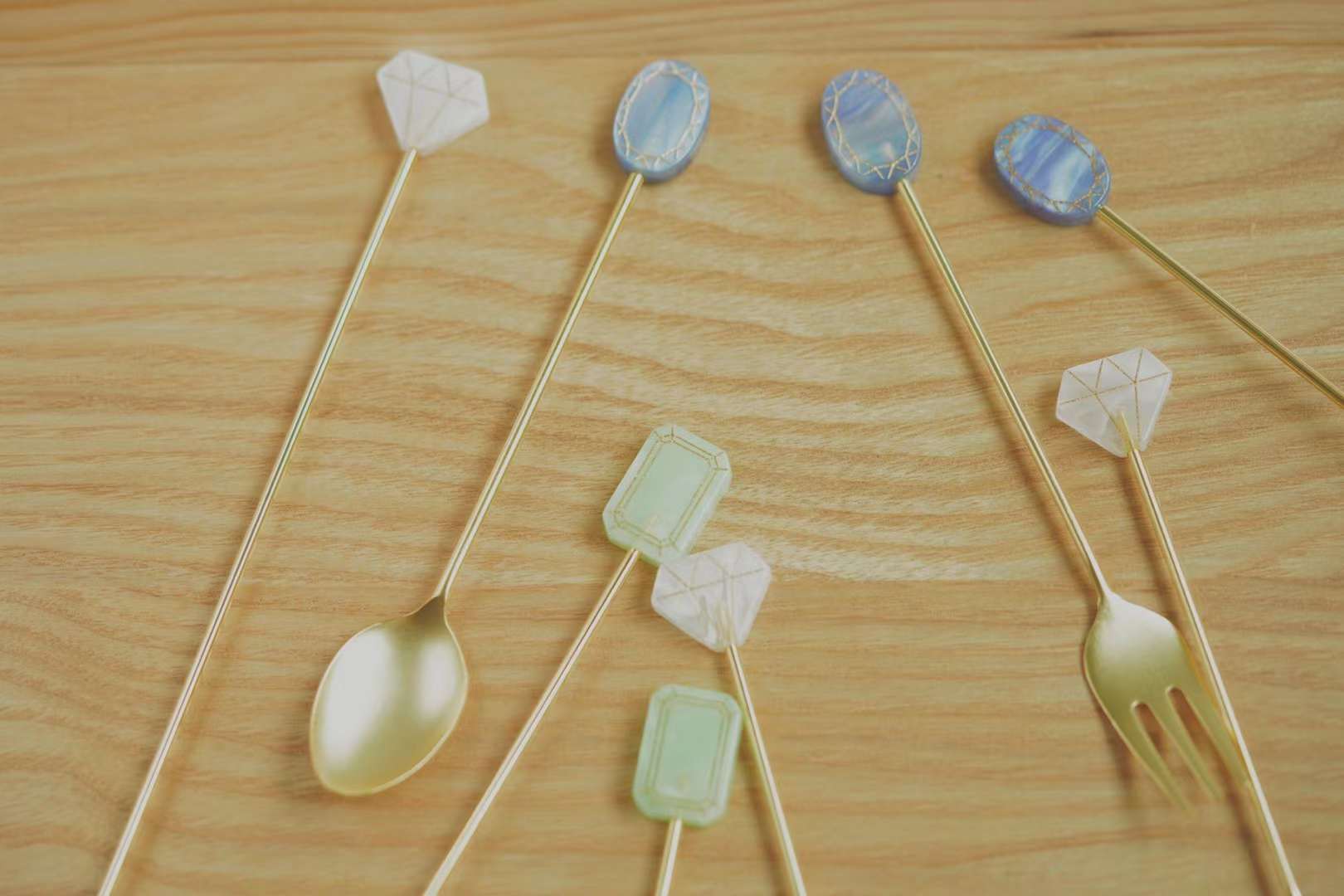 Japanese-made acrylic golden dessert spoon and fork stir stick