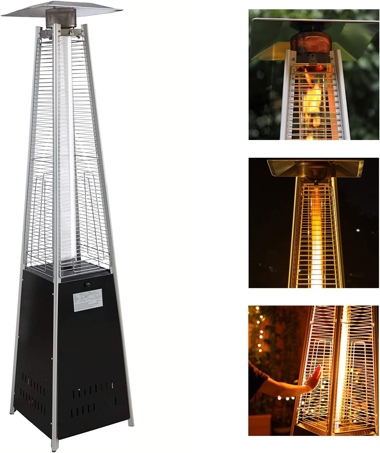 Outdoor Heater with Wheels Patio Heater Pyramid Deck Tower Patio Heaters for Outdoor Use Flame Glass Tube 42000 BTU Hammered Bronze Propane Natural Gas Tip Resist Safe ETL Black