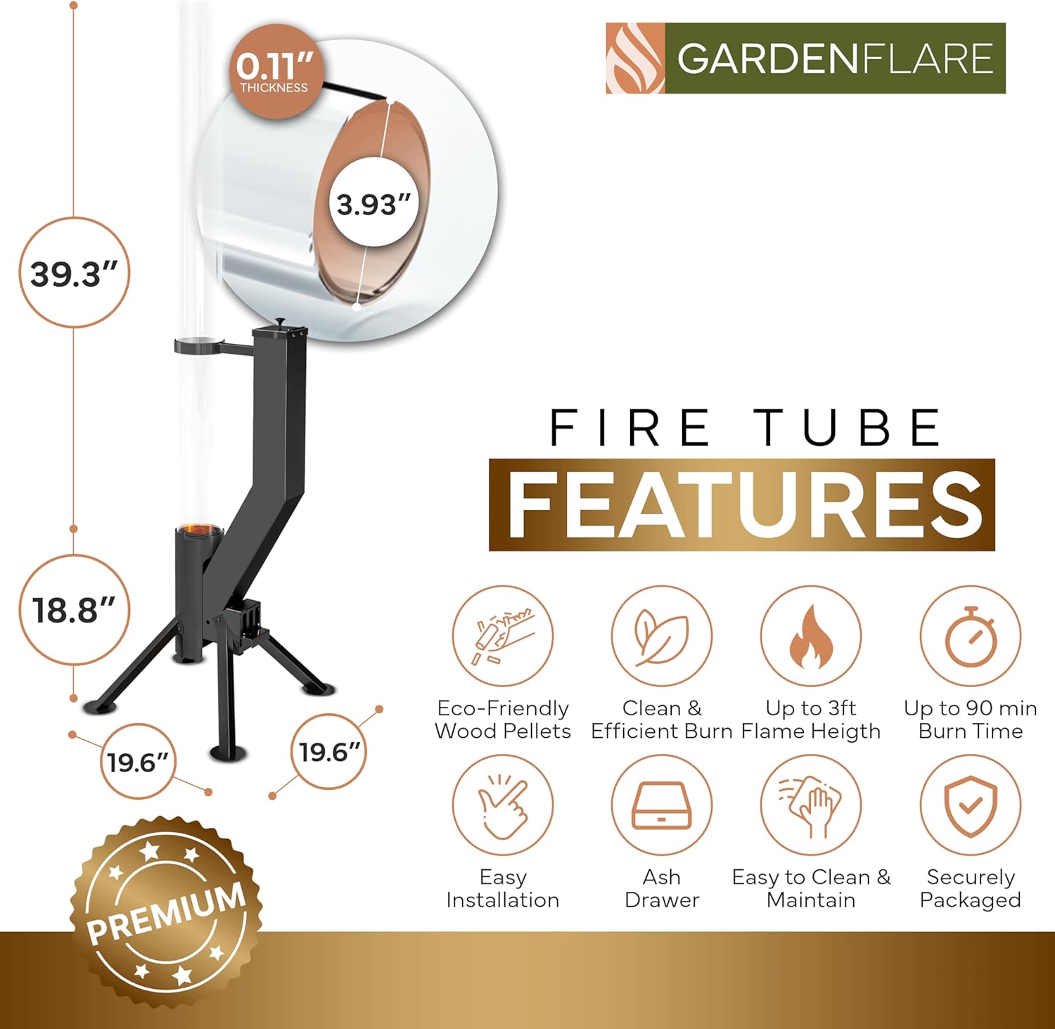 GARDENFLARE Smokeless Fire Pit - Outdoor Wood Pellet Fire Tube Stainless Steel firepit for Ambience Fire on Your Backyard, Patio, Porch & Garden (Matte Black, Classic)