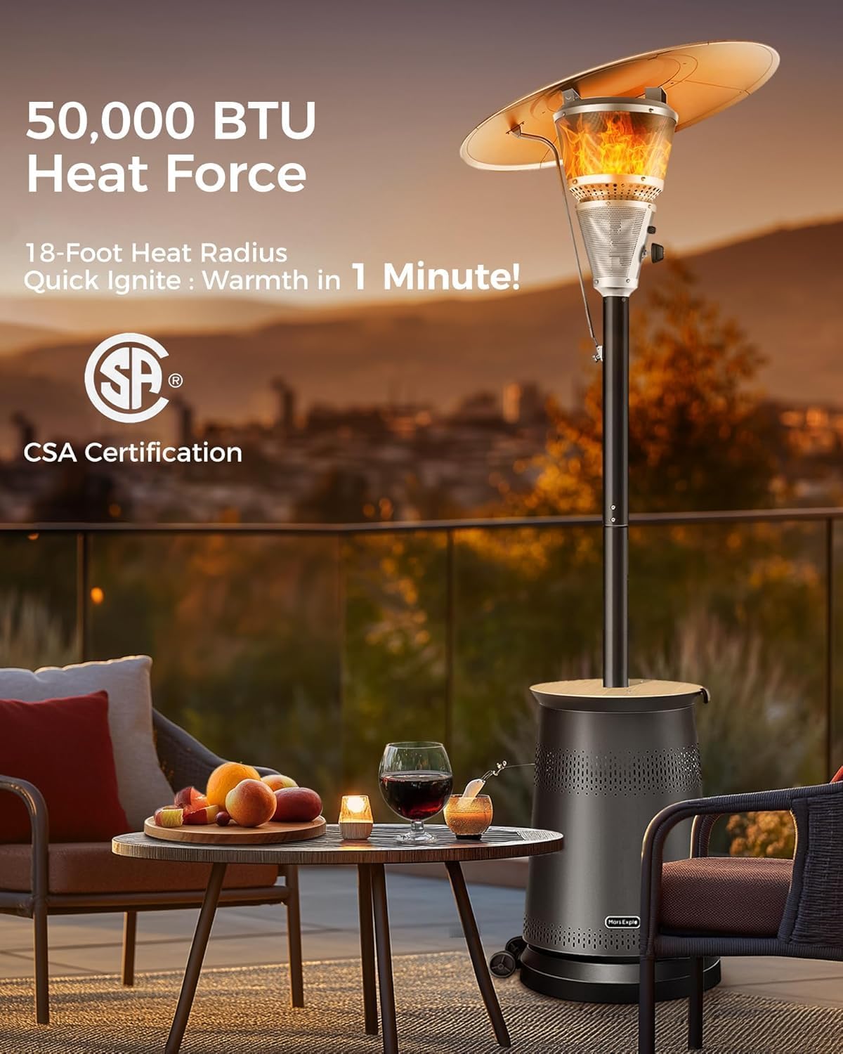 Mars Explo 50,000 BTU Patio Heater for Outdoor Use With Adjustable Heat Focusing Top, Portable Propane Patio Heater with Wheels, Stainless Steel Burner for Porch, Deck, Garden, Commercial (Brown)