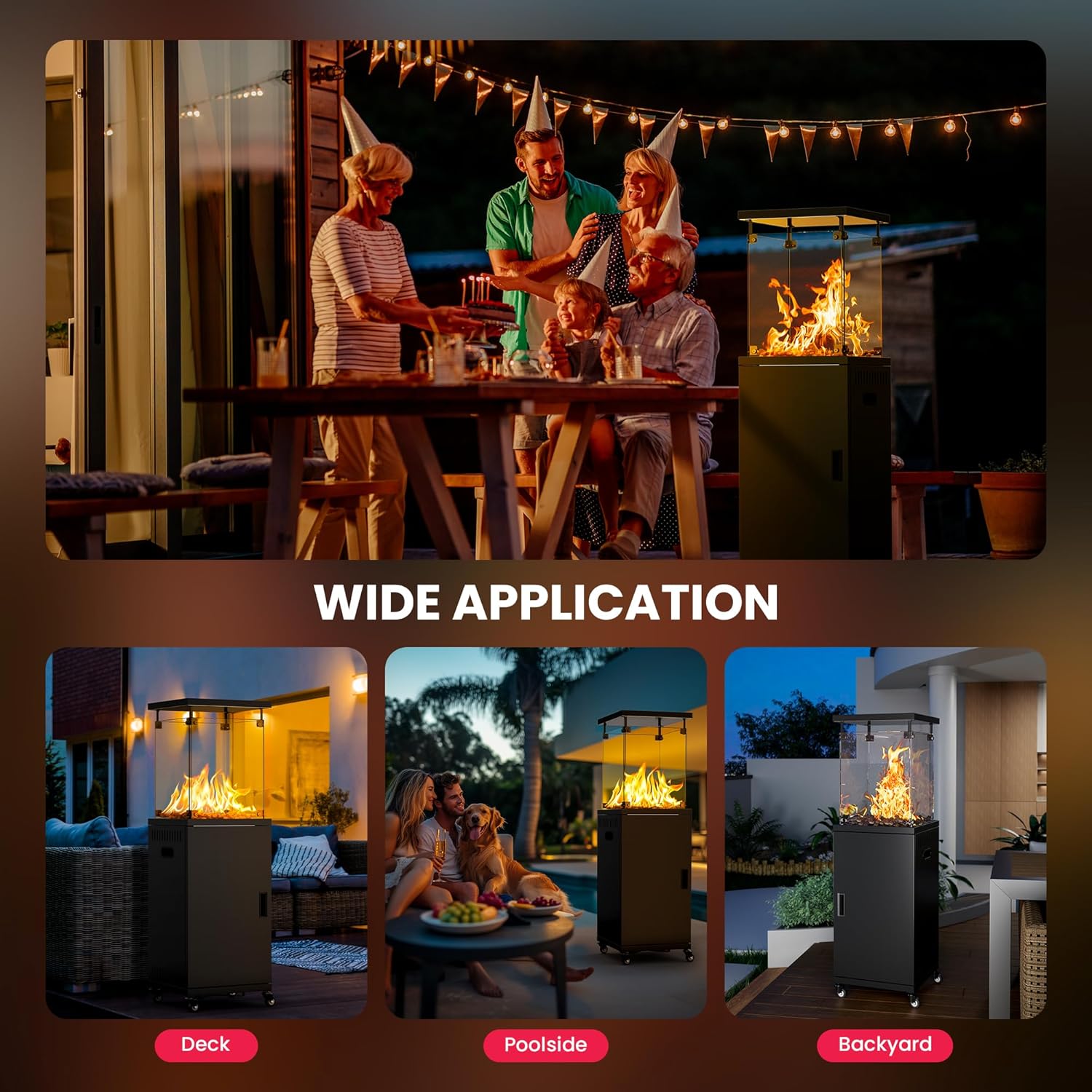 Pamapic Patio Heater with Cover, 48,000 BTU Pyramid Flame Outdoor Heater Quartz Glass Tube 87 Propane Heater