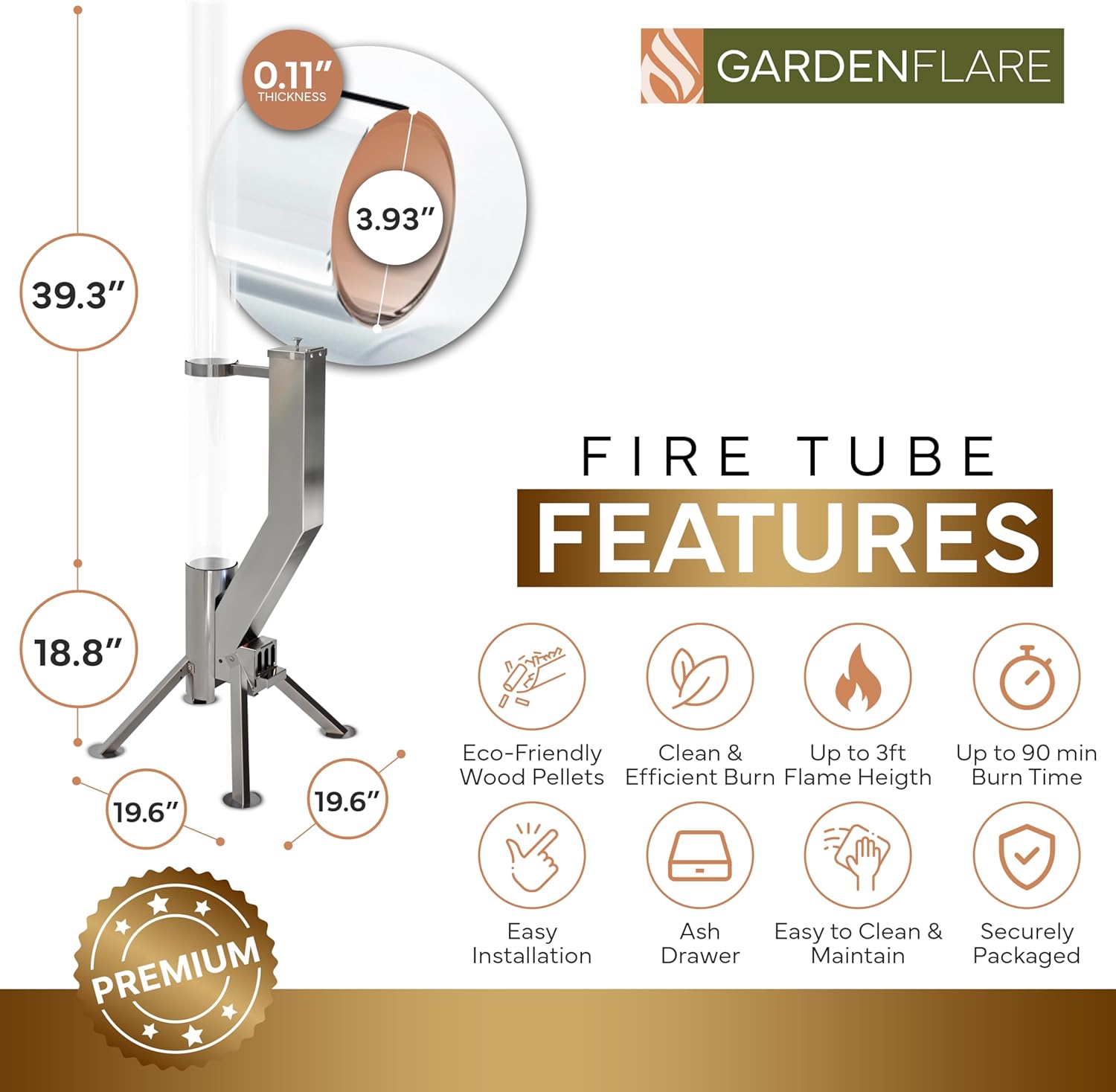 GARDENFLARE Smokeless Fire Pit - Outdoor Wood Pellet Fire Tube Stainless Steel firepit for Ambience Fire on Your Backyard, Patio, Porch & Garden (Matte Black, Classic)