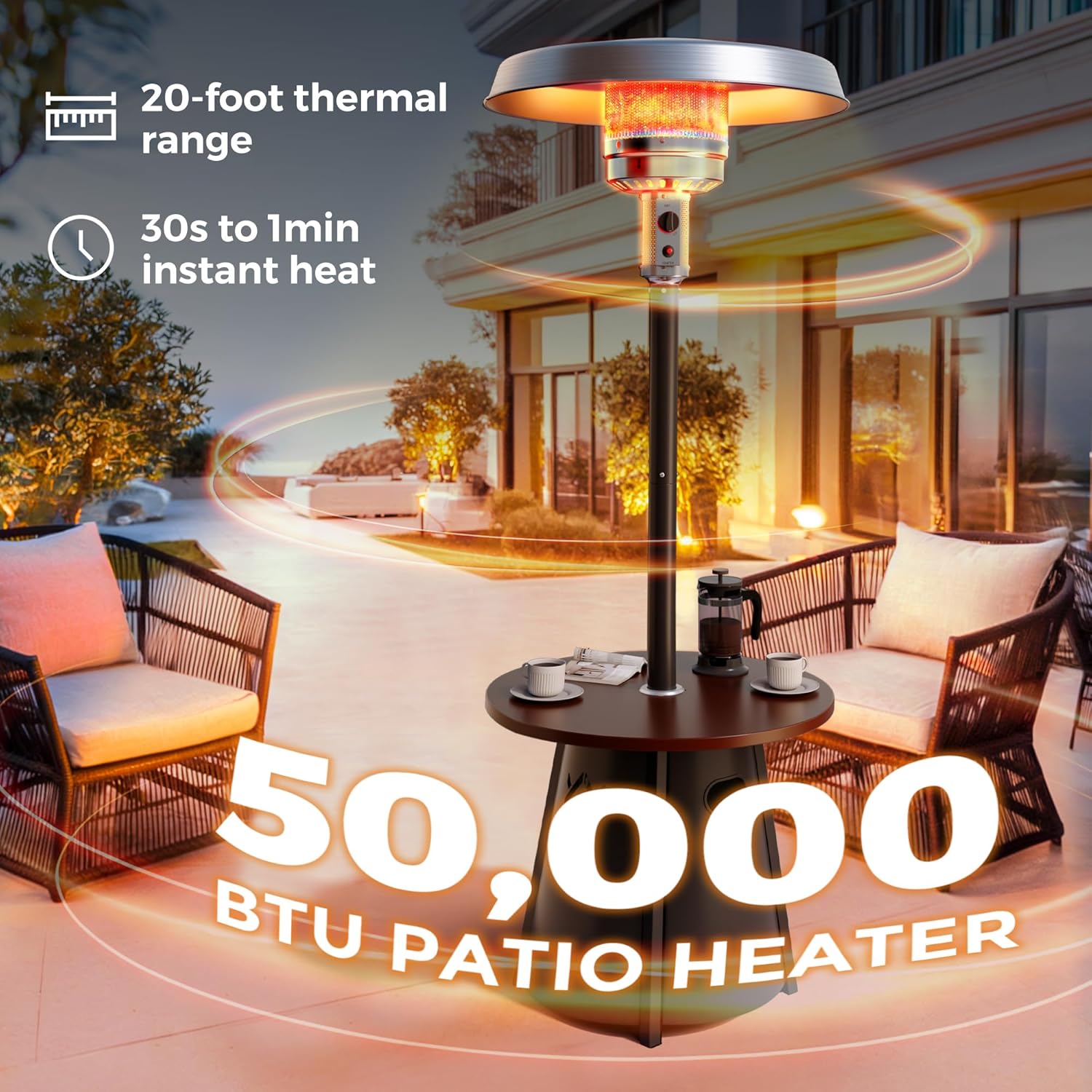 Pamapic Patio Heater with Cover, 48,000 BTU Pyramid Flame Outdoor Heater Quartz Glass Tube 87 Propane Heater