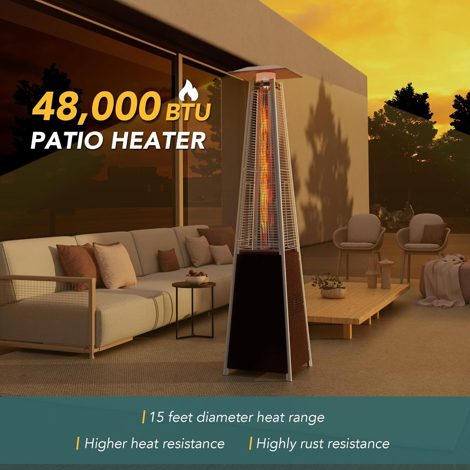 Pamapic Patio Heater with Cover, 48,000 BTU Pyramid Flame Outdoor Heater Quartz Glass Tube 87 Propane Heater
