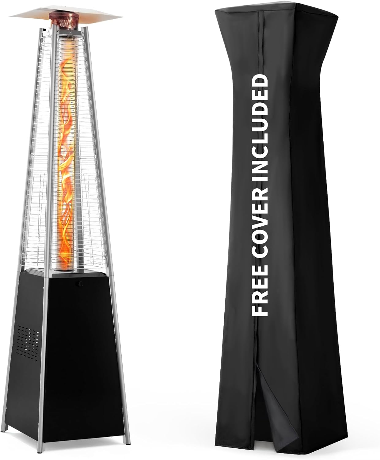 Pamapic Patio Heater with Cover, 48,000 BTU Pyramid Flame Outdoor Heater Quartz Glass Tube 87 Propane Heater