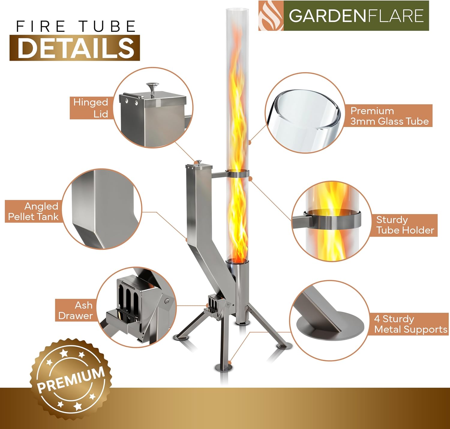 GARDENFLARE Smokeless Fire Pit - Outdoor Wood Pellet Fire Tube Stainless Steel firepit for Ambience Fire on Your Backyard, Patio, Porch & Garden (Matte Black, Classic)