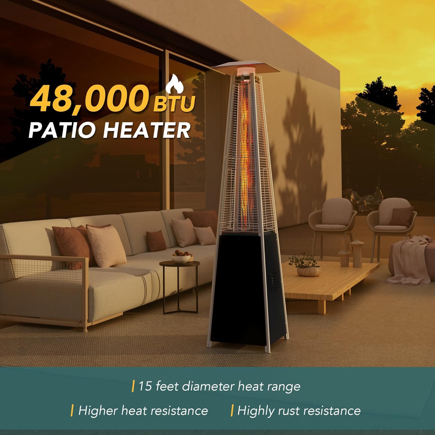 Pamapic Patio Heater with Cover, 48,000 BTU Pyramid Flame Outdoor Heater Quartz Glass Tube 87 Propane Heater