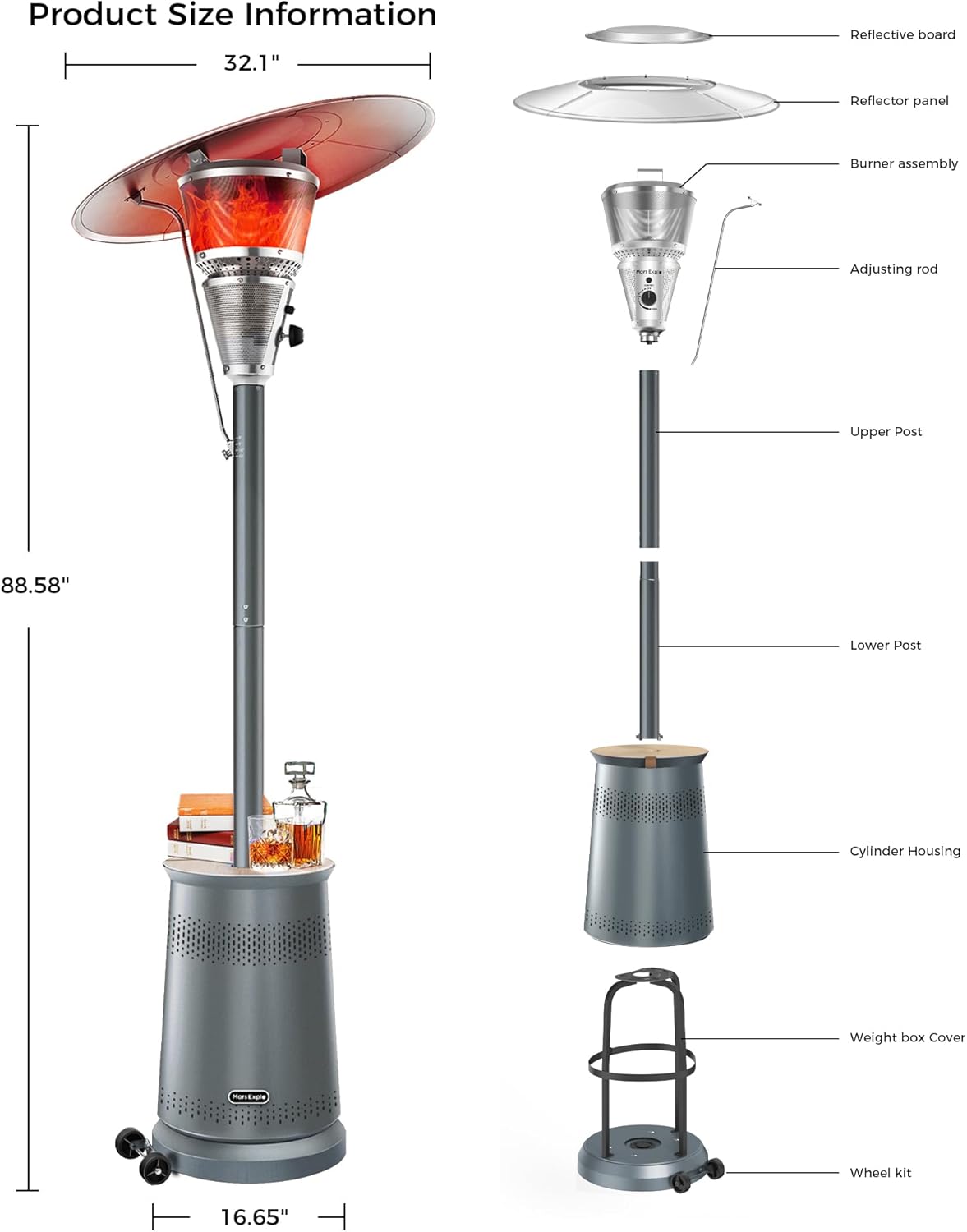 Mars Explo 50,000 BTU Patio Heater for Outdoor Use With Adjustable Heat Focusing Top, Portable Propane Patio Heater with Wheels, Stainless Steel Burner for Porch, Deck, Garden, Commercial (Brown)