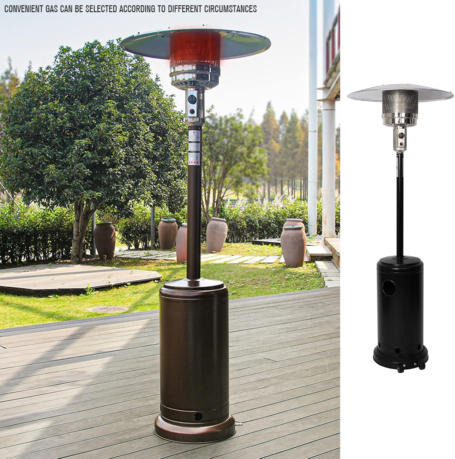 Outdoor Heater with Wheels Patio Heater Pyramid Deck Tower Patio Heaters for Outdoor Use Flame Glass Tube 42000 BTU Hammered Bronze Propane Natural Gas Tip Resist Safe ETL Black