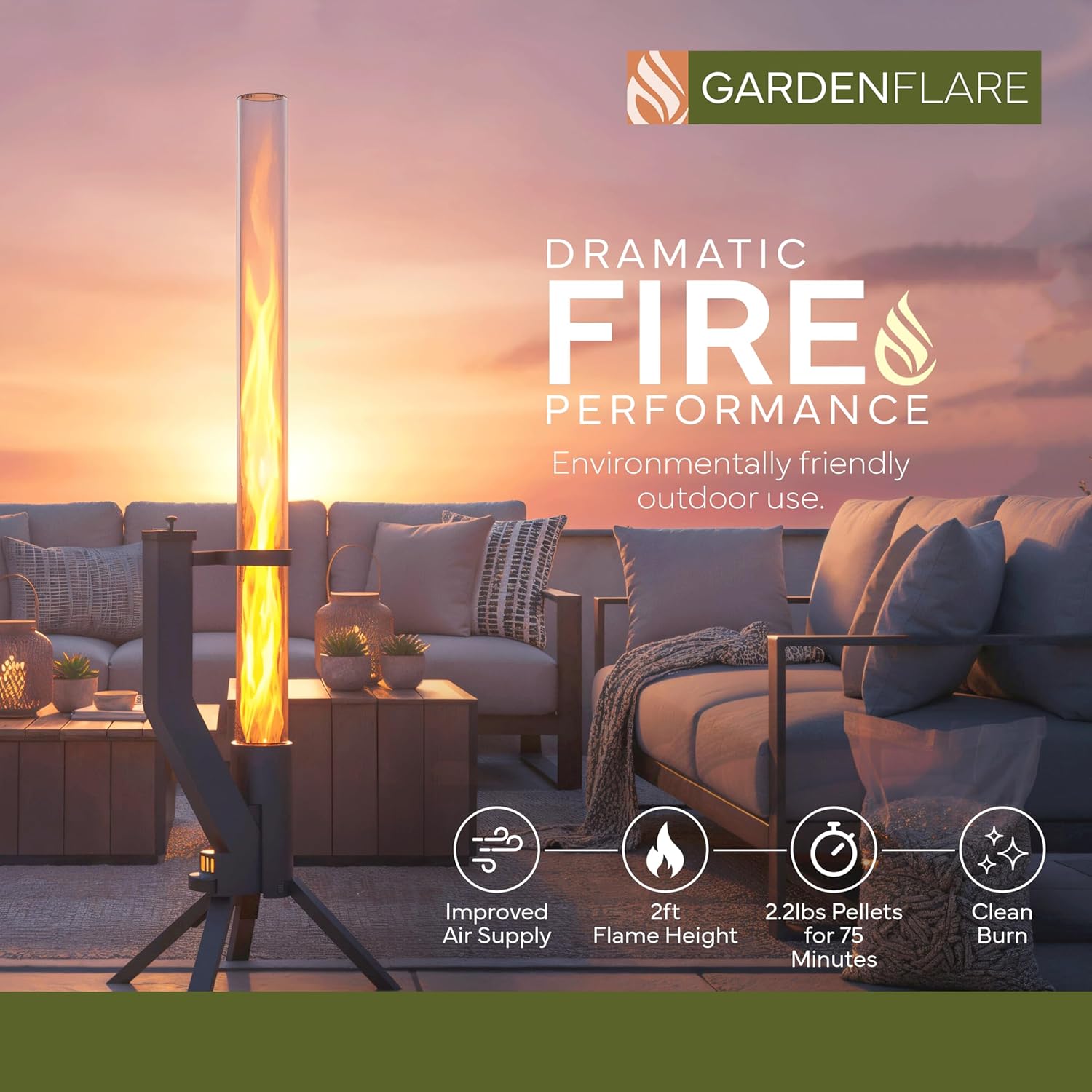 GARDENFLARE Smokeless Fire Pit - Outdoor Wood Pellet Fire Tube Stainless Steel firepit for Ambience Fire on Your Backyard, Patio, Porch & Garden (Matte Black, Classic)