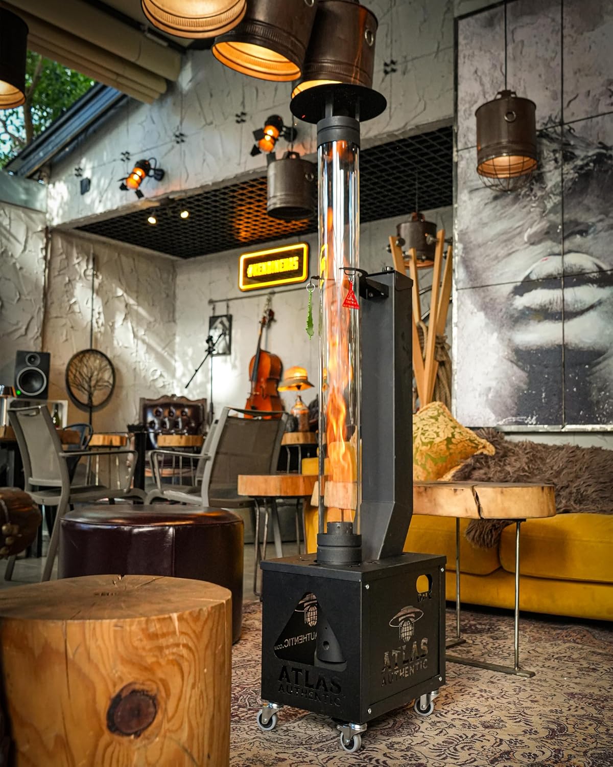 Atlas Authentic Wood Pellet Patio Heater – Smokeless Flame, Portable with Wheels, Easy Cleanout – Durable, Modern Look for Home, Garden & Camping