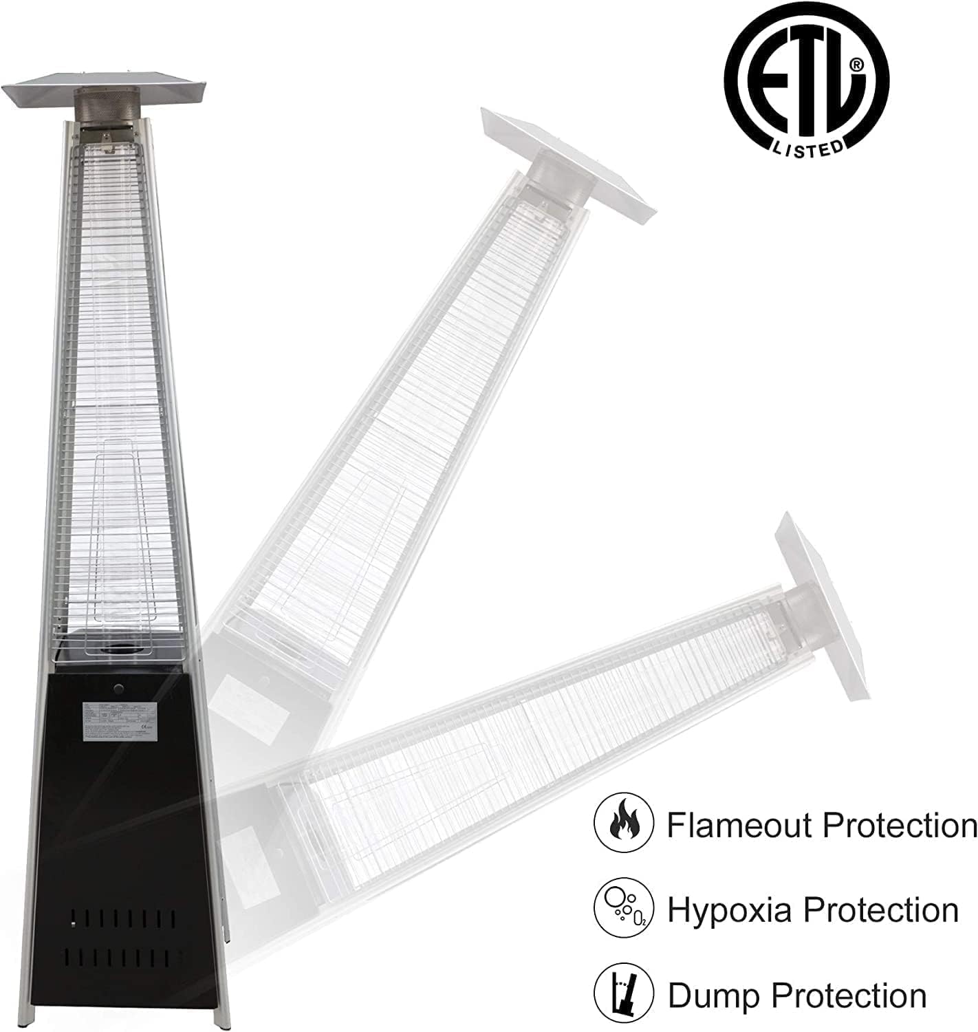 Outdoor Heater with Wheels Patio Heater Pyramid Deck Tower Patio Heaters for Outdoor Use Flame Glass Tube 42000 BTU Hammered Bronze Propane Natural Gas Tip Resist Safe ETL Black