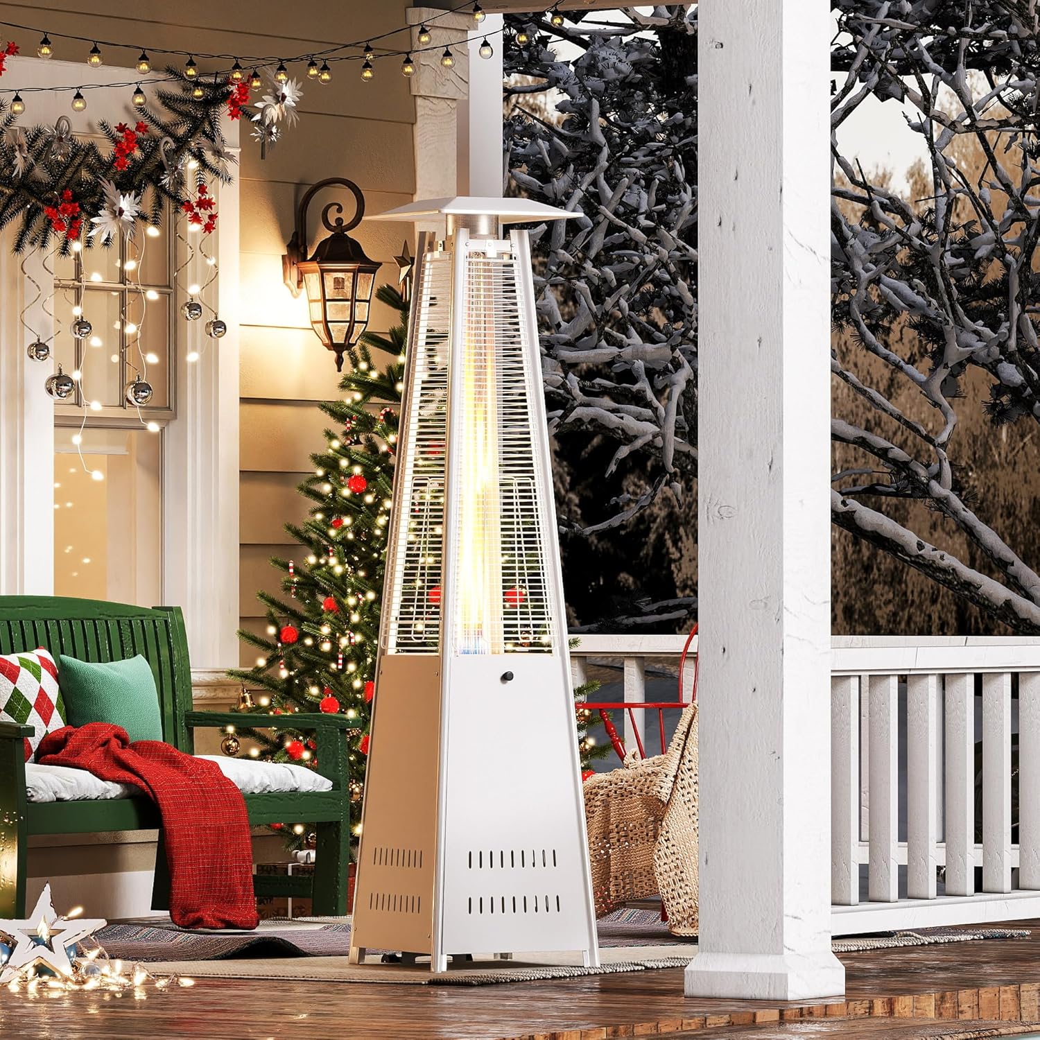 Outdoor Heater with Wheels Patio Heater Pyramid Deck Tower Patio Heaters for Outdoor Use Flame Glass Tube 42000 BTU Hammered Bronze Propane Natural Gas Tip Resist Safe ETL Black