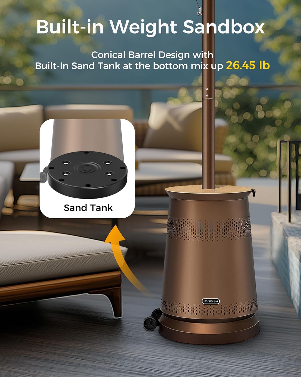 Mars Explo 50,000 BTU Patio Heater for Outdoor Use With Adjustable Heat Focusing Top, Portable Propane Patio Heater with Wheels, Stainless Steel Burner for Porch, Deck, Garden, Commercial (Brown)