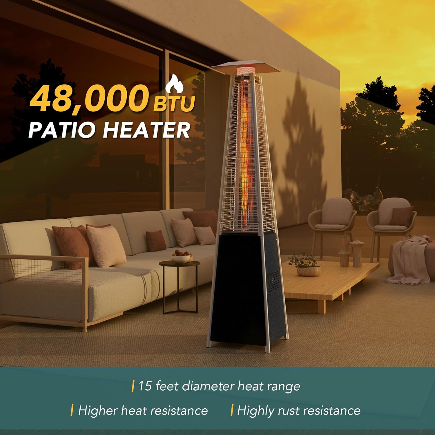 Pamapic Patio Heater with Cover, 48,000 BTU Pyramid Flame Outdoor Heater Quartz Glass Tube 87 Propane Heater