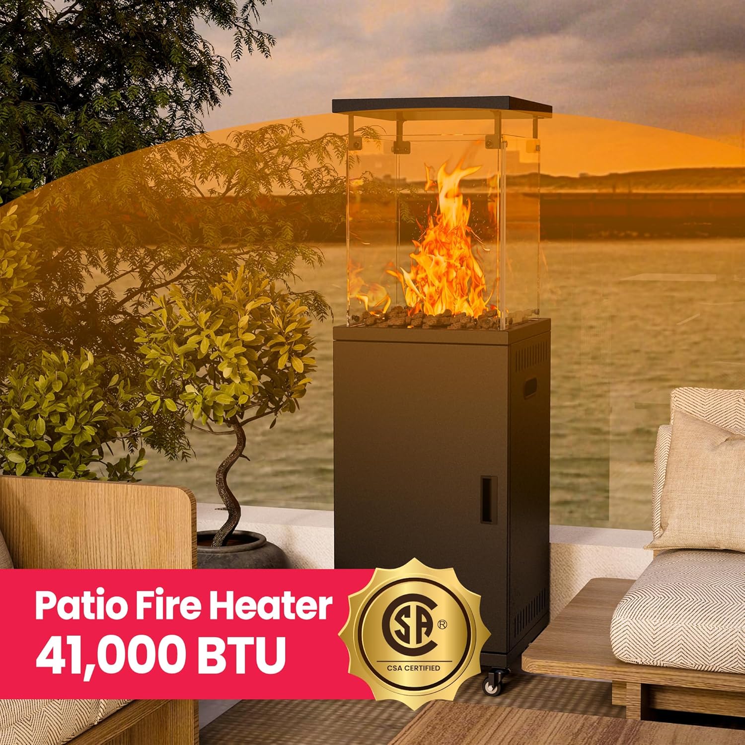 Pamapic Patio Heater with Cover, 48,000 BTU Pyramid Flame Outdoor Heater Quartz Glass Tube 87 Propane Heater