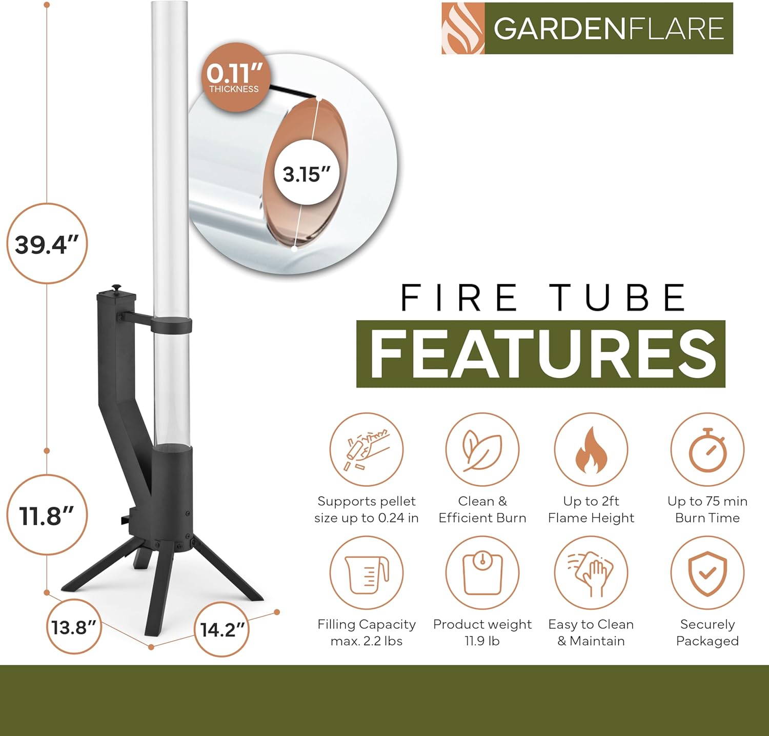 GARDENFLARE Smokeless Fire Pit - Outdoor Wood Pellet Fire Tube Stainless Steel firepit for Ambience Fire on Your Backyard, Patio, Porch & Garden (Matte Black, Classic)