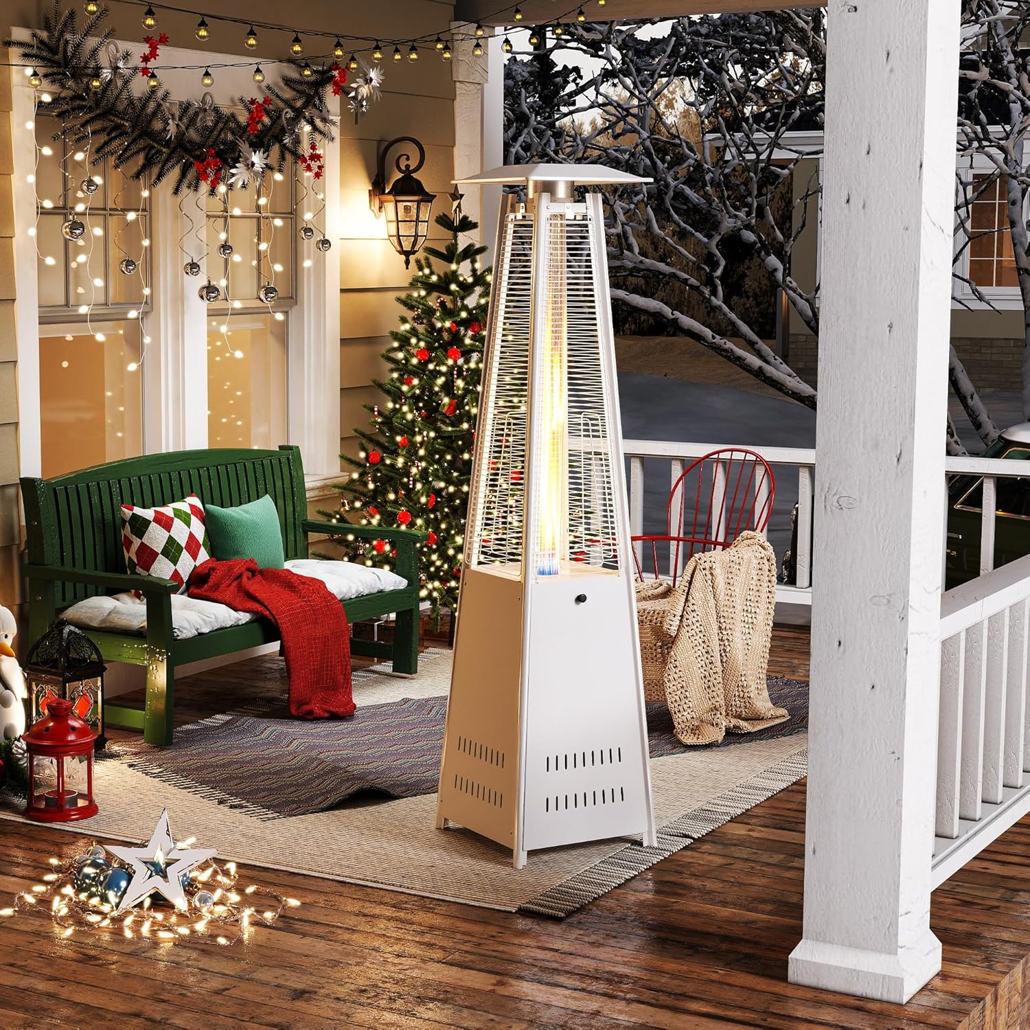 Outdoor Heater with Wheels Patio Heater Pyramid Deck Tower Patio Heaters for Outdoor Use Flame Glass Tube 42000 BTU Hammered Bronze Propane Natural Gas Tip Resist Safe ETL Black