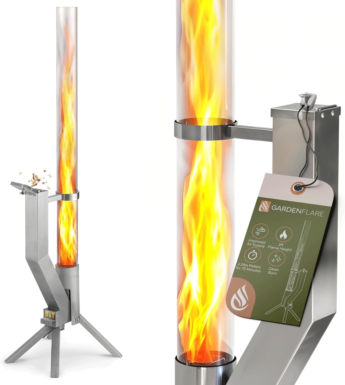 GARDENFLARE Smokeless Fire Pit - Outdoor Wood Pellet Fire Tube Stainless Steel firepit for Ambience Fire on Your Backyard, Patio, Porch & Garden (Matte Black, Classic)