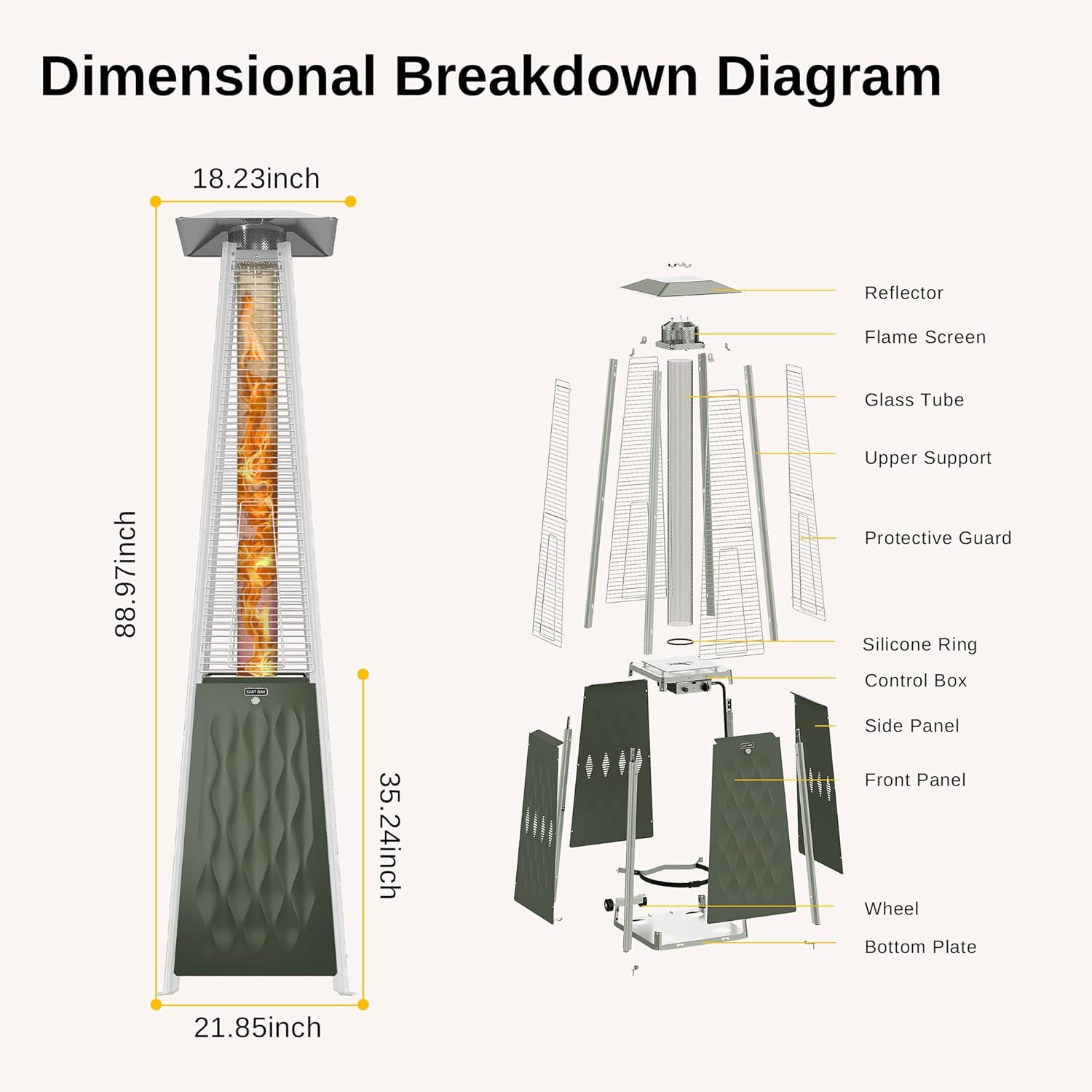 EAST OAK Pyramid Patio Heater, 48,000 BTU Outdoor Patio Heater, Quartz Glass Tube Propane Heater, Triple Protection System, With Wheels, Outdoor Heater for Commercial & Residential, Green