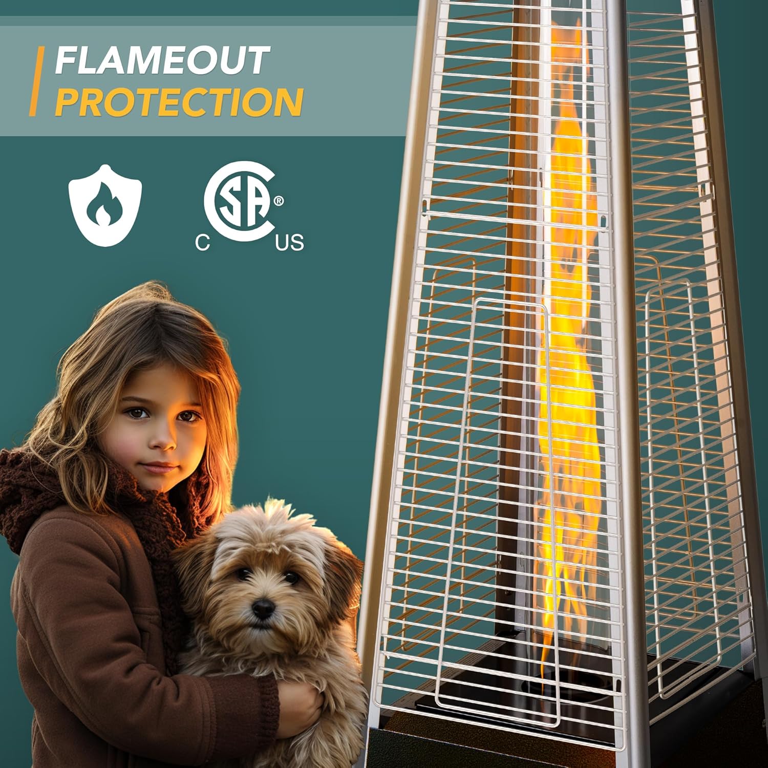 Pamapic Patio Heater with Cover, 48,000 BTU Pyramid Flame Outdoor Heater Quartz Glass Tube 87 Propane Heater