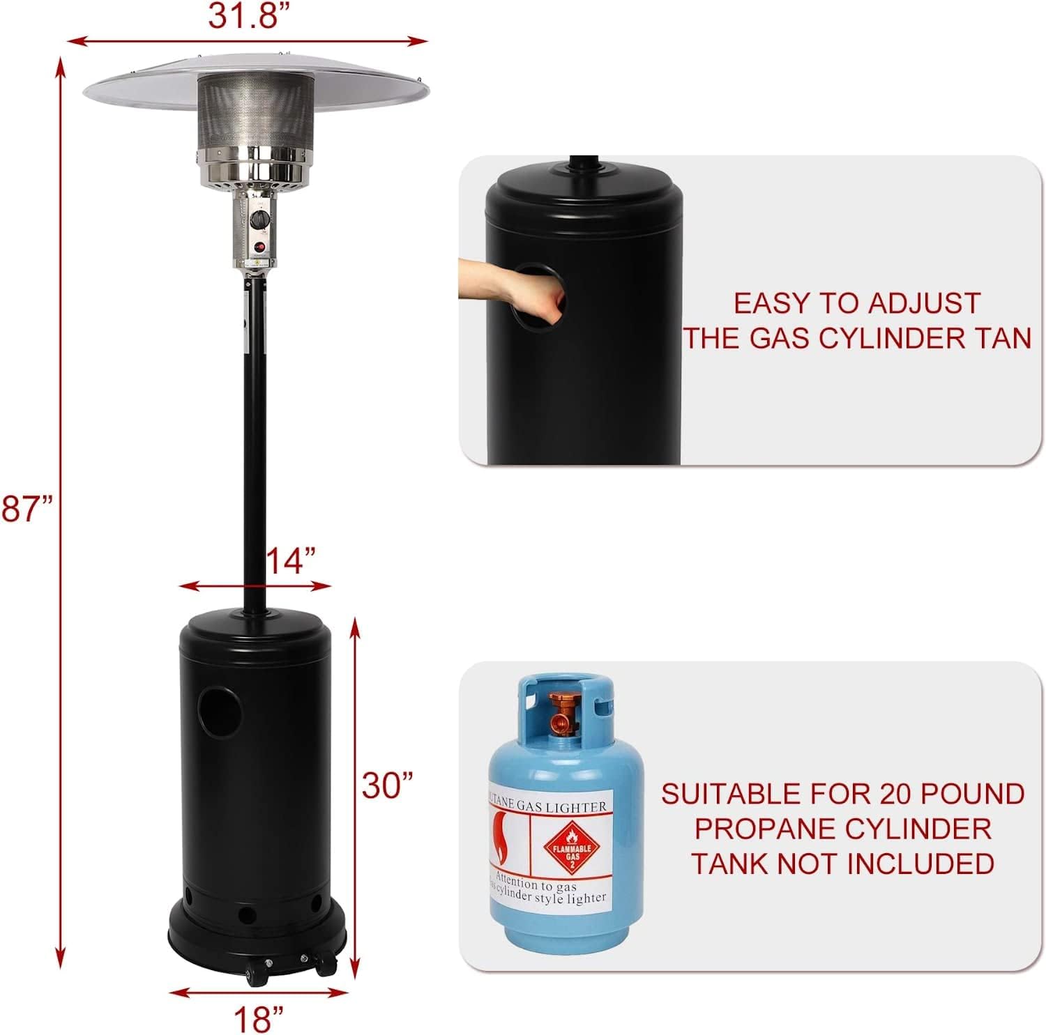 Outdoor Heater with Wheels Patio Heater Pyramid Deck Tower Patio Heaters for Outdoor Use Flame Glass Tube 42000 BTU Hammered Bronze Propane Natural Gas Tip Resist Safe ETL Black