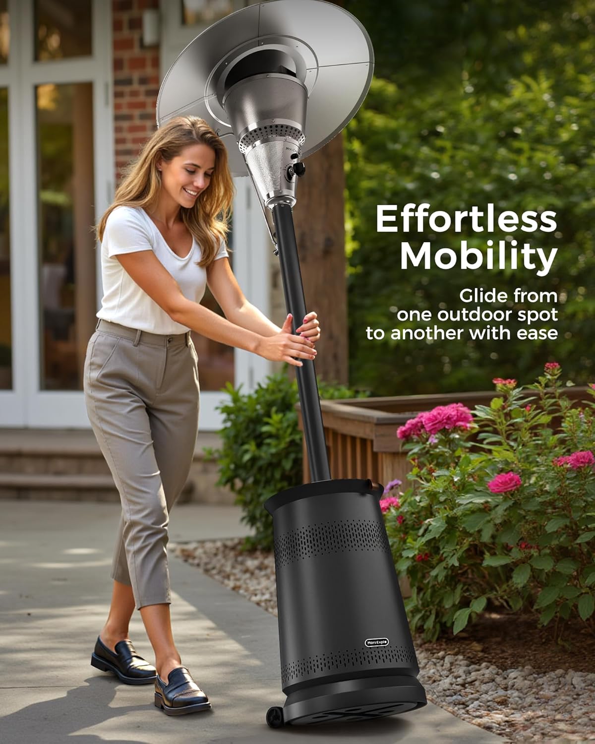 Mars Explo 50,000 BTU Patio Heater for Outdoor Use With Adjustable Heat Focusing Top, Portable Propane Patio Heater with Wheels, Stainless Steel Burner for Porch, Deck, Garden, Commercial (Brown)