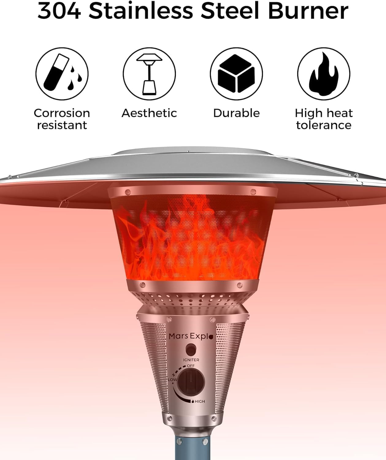 Mars Explo 50,000 BTU Patio Heater for Outdoor Use With Adjustable Heat Focusing Top, Portable Propane Patio Heater with Wheels, Stainless Steel Burner for Porch, Deck, Garden, Commercial (Brown)