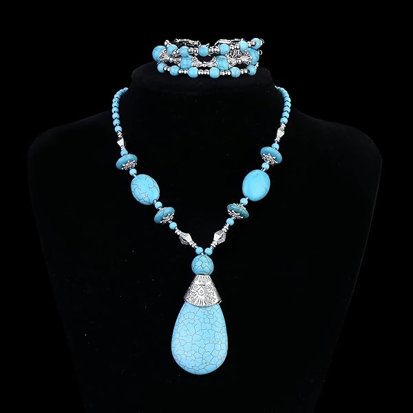 10 Pcs Bohemian Turquoise Jewelry Set Women Western Turquoise Pendant Necklace Layered Wrap Bangle Bracelet Turquoise Vintage Turquoise Dangle Earrings Boho Jewelry for Women 2#