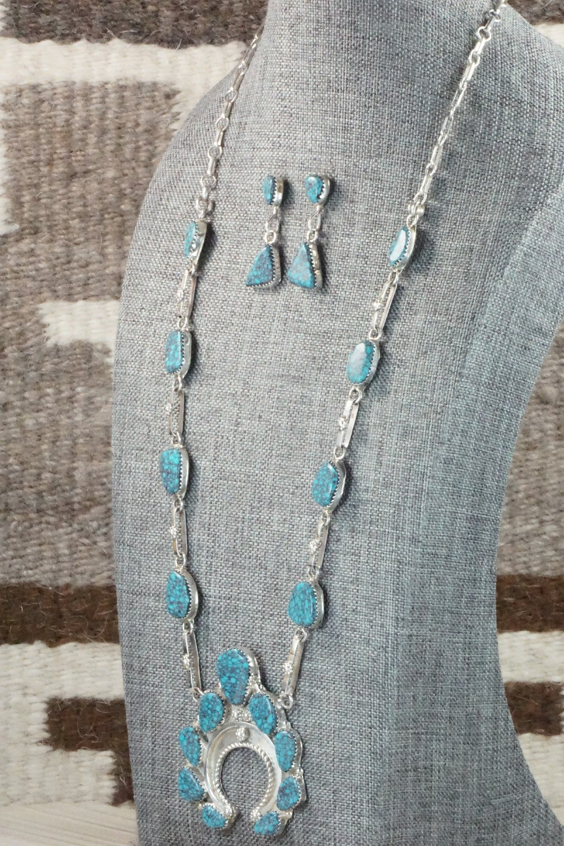 Turquoise & Sterling Silver Necklace and Earrings Set - Vangie Tsabetsaye