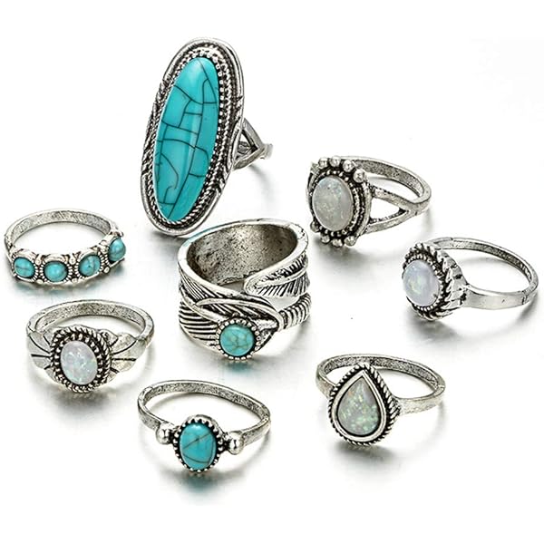 8 Pcs Bohemian Joint Knuckle Rings Set Oval Turquoise Finger Ring Opal Gemstone Teardrop Midi, Punk Leaf Index Ring for Women and Girls